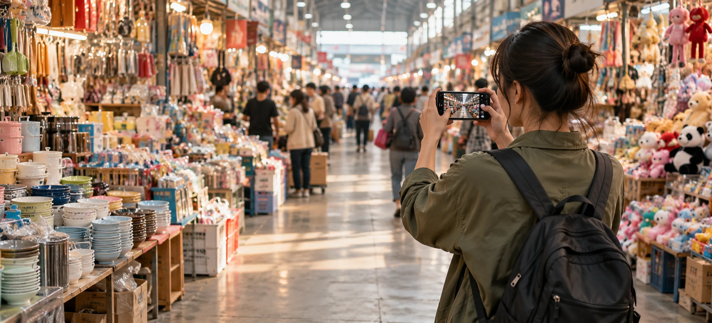 Procuvanta team member filming product stalls in a Chinese wholesale market