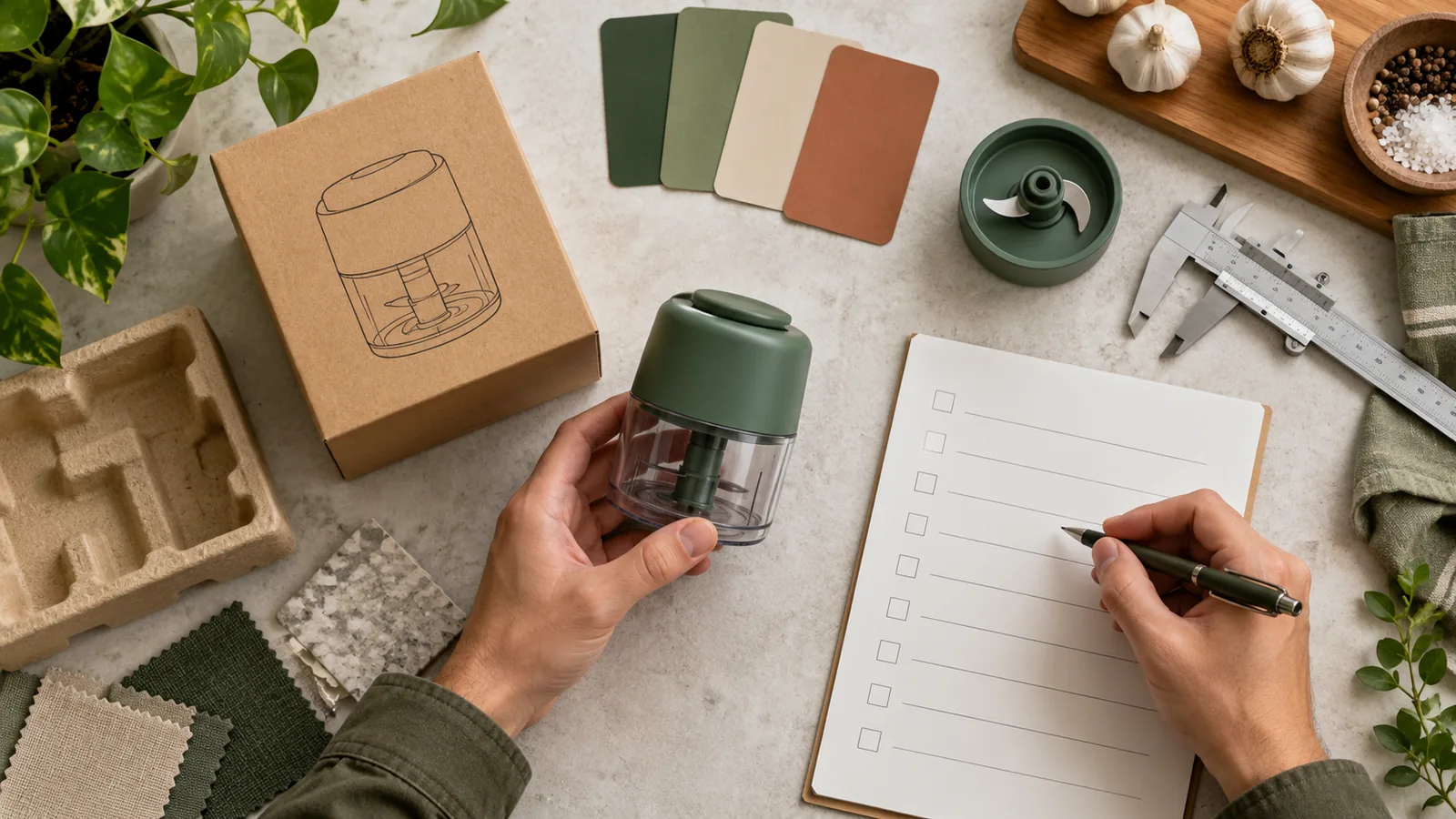 Product specification checklist beside samples